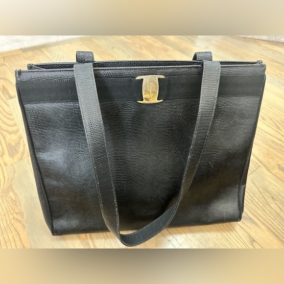 Salvatore Ferragamo Handbags - Salvatore Ferragamo Black Lizard Textured Vara Leather Tote Bag